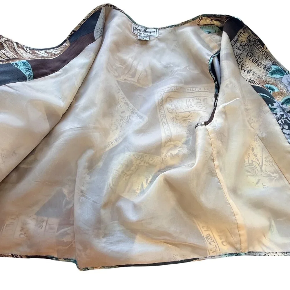 Jeri Marque Silk Vest Egyptian Revival Women’s S Multicolor Floral Print 90s